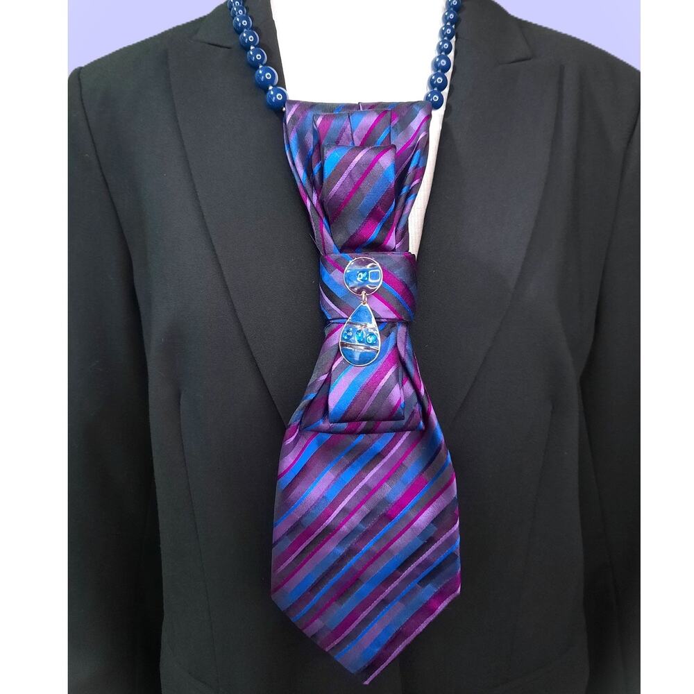 Silk Tie Pendant Artisan Purple Blue Striped Beaded Necklace Jeweled Accent NEW
